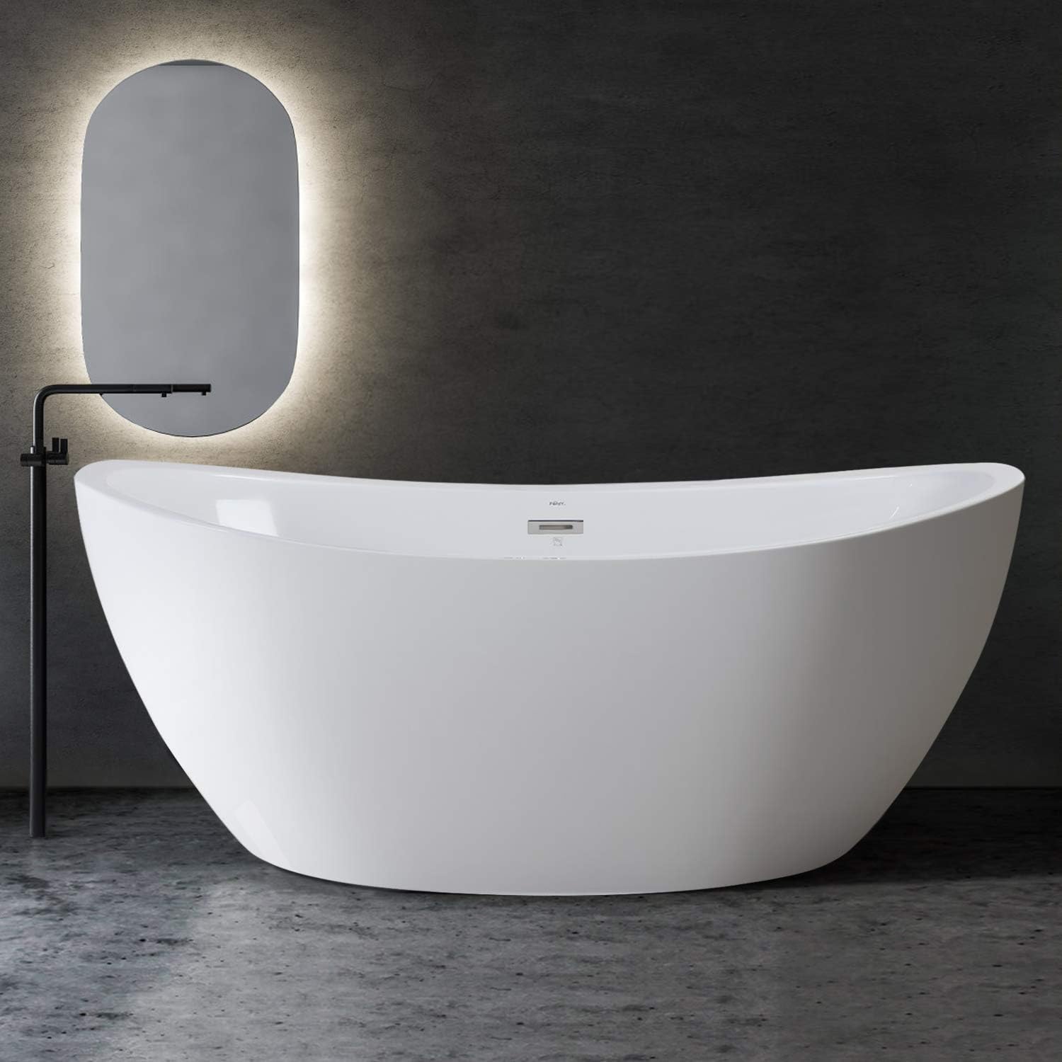 FerdY Naha 67' Acrylic Freestanding Bathtub, Curve Edge Freestanding Soaking Bathtub, Glossy White, cUPC Certified, Toe-Tap Chrome Drain & FerdY Back Scrubber for Shower,Long Handled Loofah on a Stick