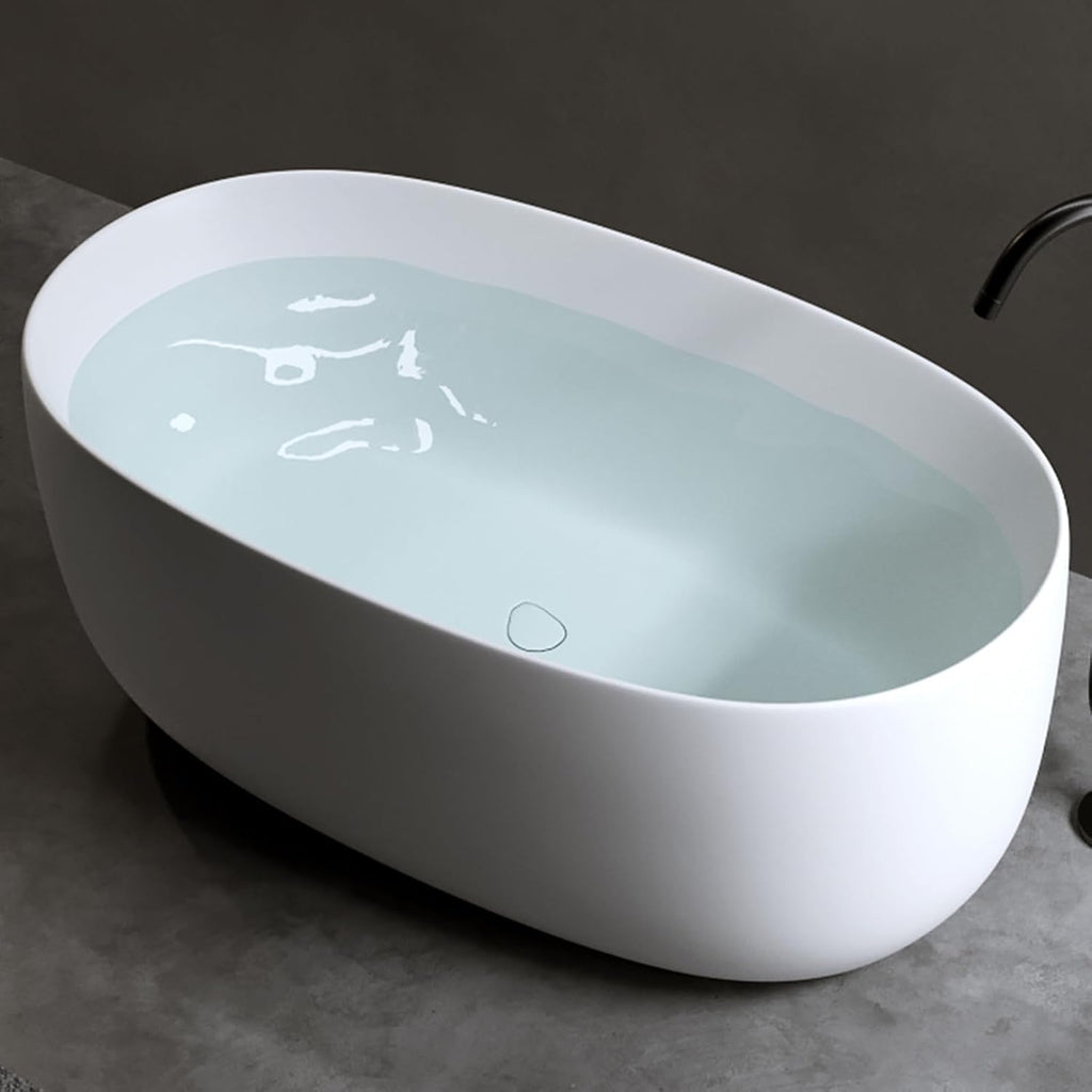 Deep Soaking Bath Tub 47' Freestanding Solid Surface Resin Stone Bathtub Modern Stand Alone Tub with Pop-Up Drainage and Overflow Pipes for Small Space, Matte White