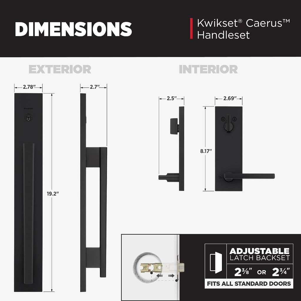 Kwikset Caerus Front Door Lock Handle and Deadbolt Set, Entry Handleset Exterior with Interior Lever, Matte Black, SmartKey Re-Key Security, with KwikSlide, Door Handle Backplate Full Escutcheon