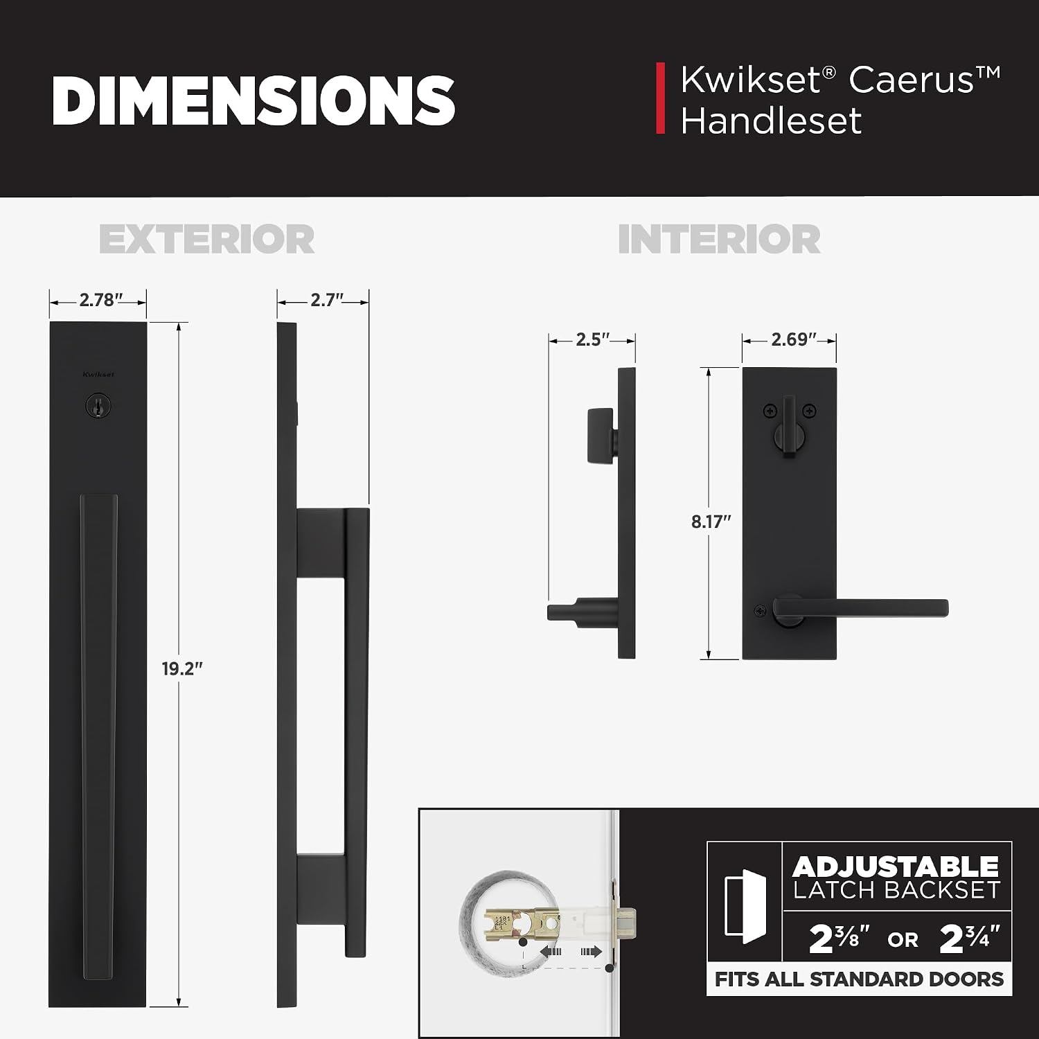 Kwikset Caerus Front Door Lock Handle and Deadbolt Set, Entry Handleset Exterior with Interior Lever, Matte Black, SmartKey Re-Key Security, with KwikSlide, Door Handle Backplate Full Escutcheon