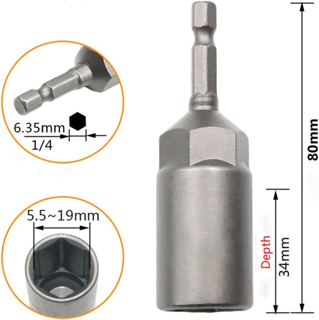 1Pcs Deep Hex Socket Nut Driver Drill 1/4' Hex Shank Impact Socket Adapter 80mm Length Screwdrivers Bits 5.5-19mm(14pcs 6mm-19mm)
