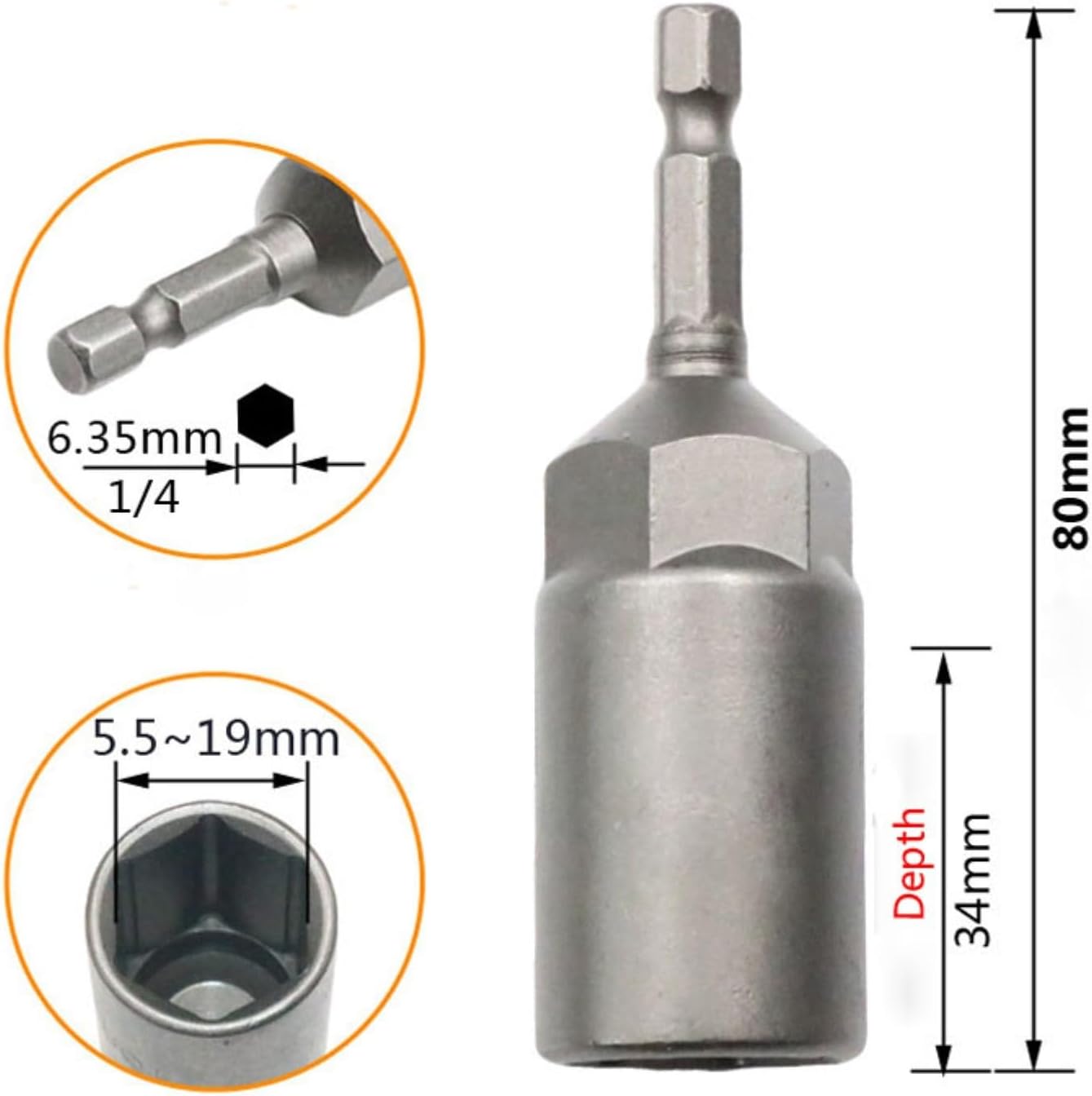 1Pcs Deep Hex Socket Nut Driver Drill 1/4' Hex Shank Impact Socket Adapter 80mm Length Screwdrivers Bits 5.5-19mm(14pcs 6mm-19mm)