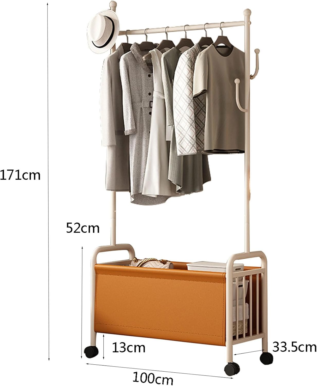 2-in-1 Metal Clothes Rack, 170cm Heavy Duty Rolling Garment Rack with PU leather BasketClothes Racks for Hanging Clothes, Clothes Storage and Display