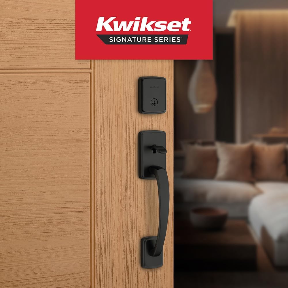 Kwikset Brentford Front Door Lock Handle and Deadbolt Set, Entry Handleset with Trafford Reversible Lever, Matte Black, Pick Resistant SmartKey Rekey Deadbolt Security, with Microban Protection