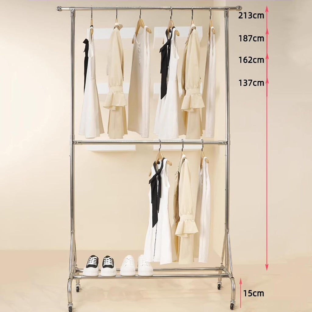 Heavy Duty Coat Rack, Garment Rack Double Rod Clothing Racks On Wheels, Silver Stainless Steel Clothes Rail, Extendable Hanging Rail, Adjustable Height, Portable Clothes Organizer for Bedroom