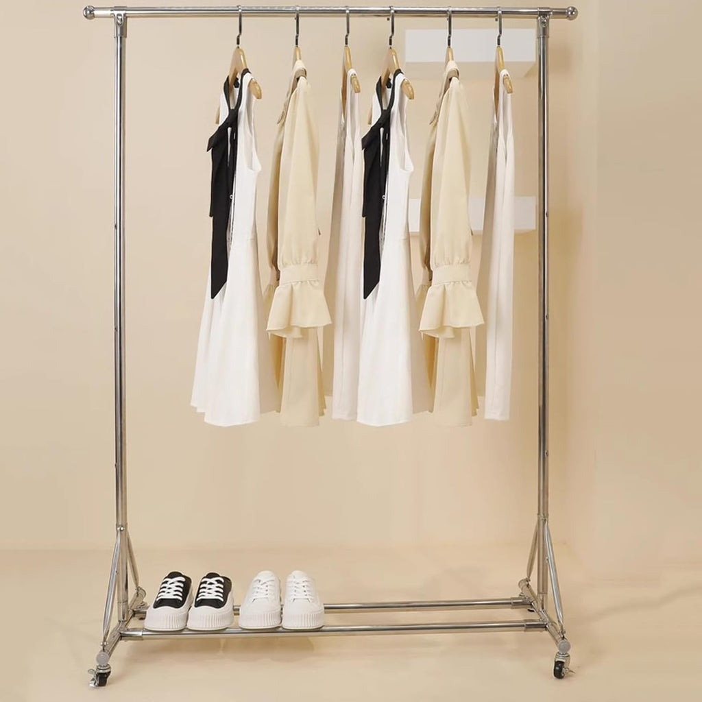 Garment Rack Silver Stainless Steel Clothes Rail On Wheels,Heavy Duty Clothing Racks with Extendable Hanging Rail,Portable Drying Rack,Bedroom Clothes Organizer,Easy Assemble, 115-200cm