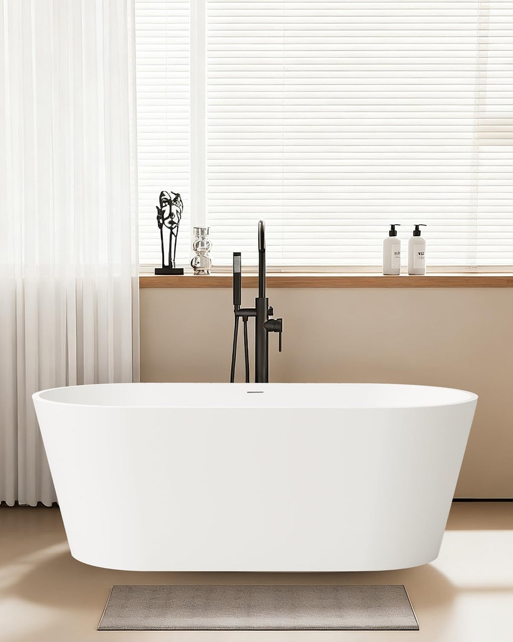 Stone Resin Freestanding Bathtubs,67'Solid Surface Matte White Modern Oval Upgrade 25mm ultra-thick edges Luxury Stand Alone Bathroom Bath Soaking Tub with Pop up Drain & Integrated Overflow