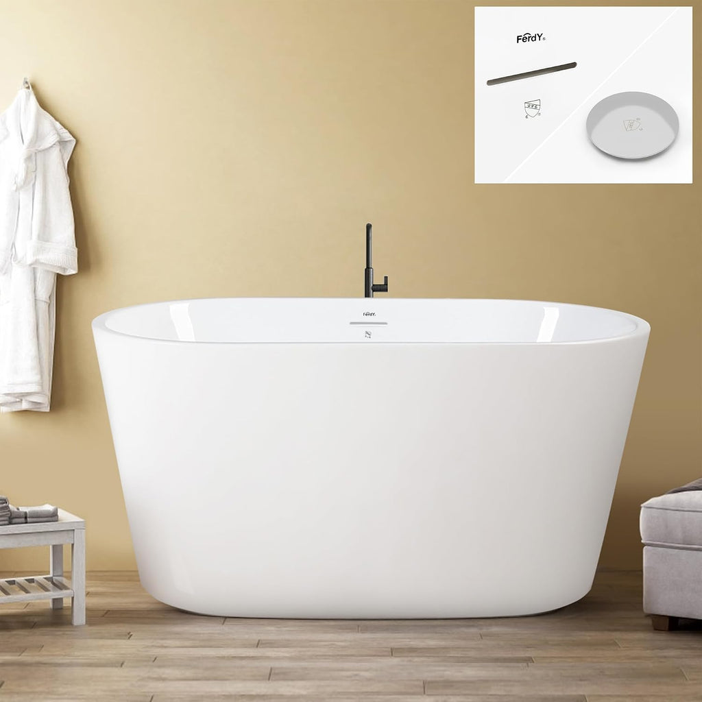 FerdY Shangri-La 47' Acrylic Freestanding Bathtub, Small Classic Oval Shape Acrylic Soaking Bathtub with Minimalist Linear Design Overflow & Chrome Drain, Modern White, cUPC Certified