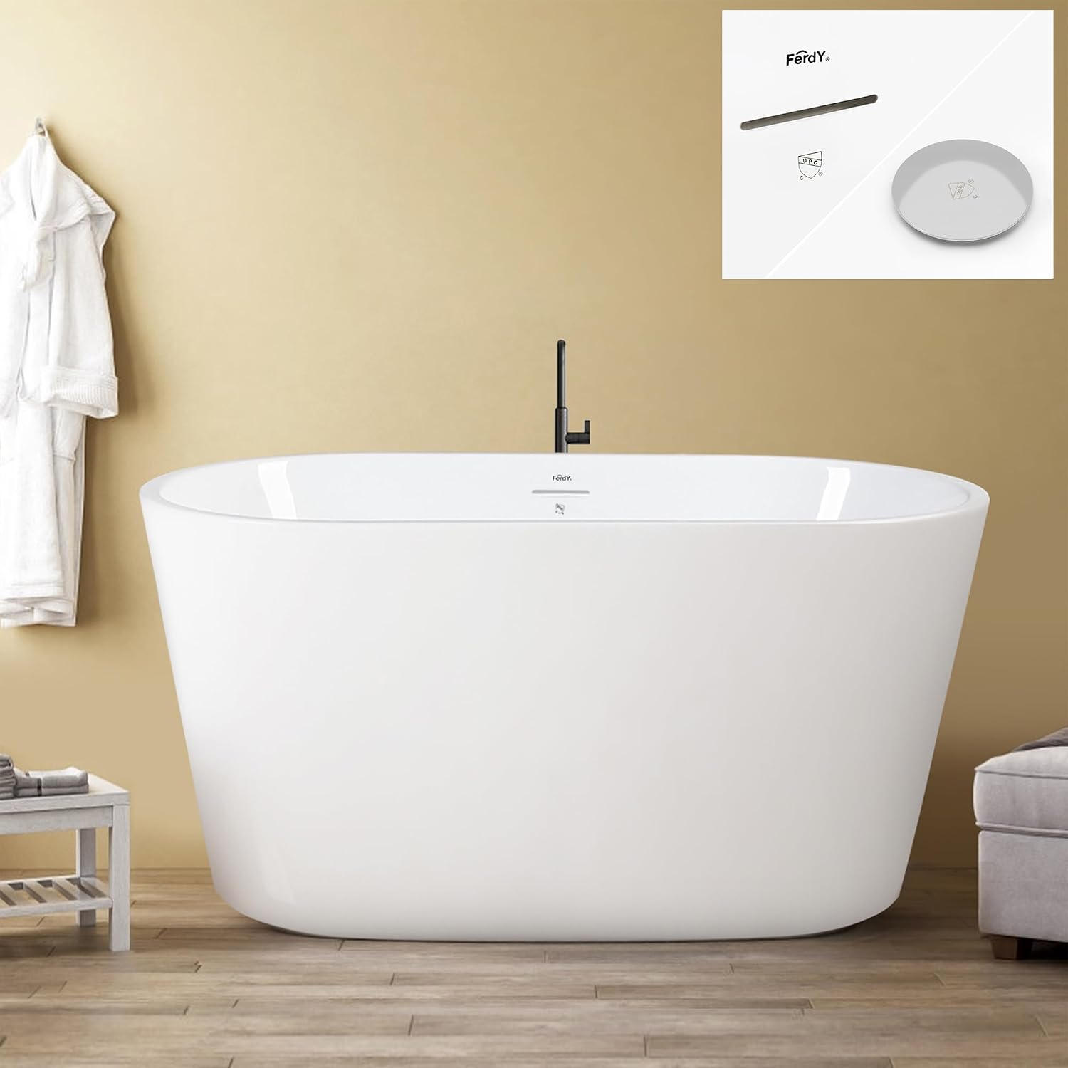FerdY Shangri-La 47' Acrylic Freestanding Bathtub, Small Classic Oval Shape Acrylic Soaking Bathtub with Minimalist Linear Design Overflow & Chrome Drain, Modern White, cUPC Certified