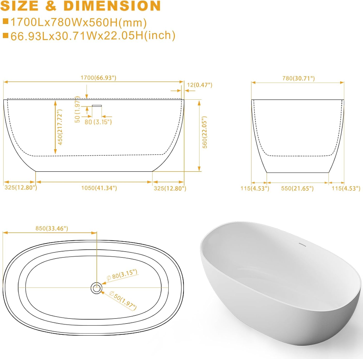 Stone Resin Freestanding Bathtubs,Soklawah 67' Solid Surface Luxury Soaking Tub,Oval Stand Alone Bathroom Bath tub with Drain & Integrated Slotted Overflow,Matte White Elegant Soaker Free Standing Tub
