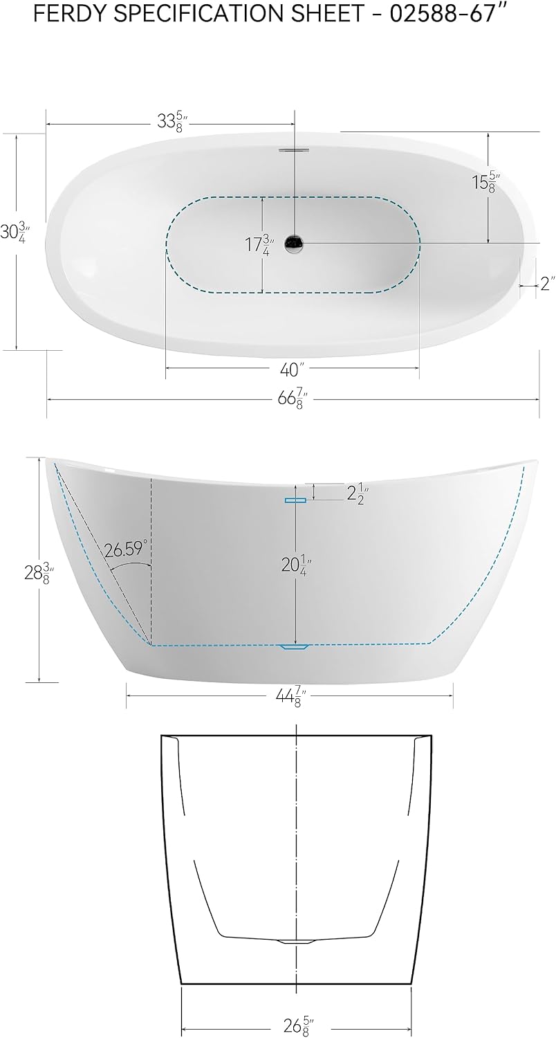 FerdY Naha 67' Acrylic Freestanding Bathtub, Curve Edge Freestanding Soaking Bathtub, Glossy White, cUPC Certified, Toe-Tap Chrome Drain & FerdY Back Scrubber for Shower,Long Handled Loofah on a Stick