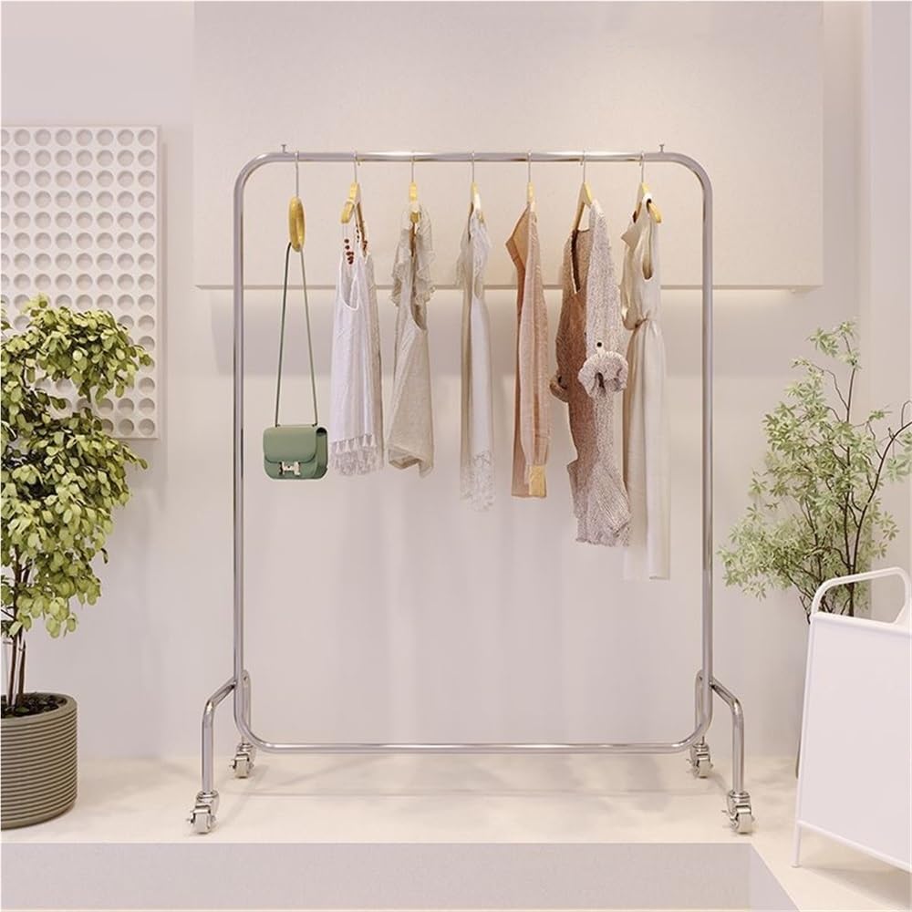 Metal Garment Rack with Wheels, Rolling Heavy Duty Clothes Rack, Floor-Standing Silver Retail Display, Commercial Retail Clothing Rack for Clothing Store and Boutique(160cm/63in)