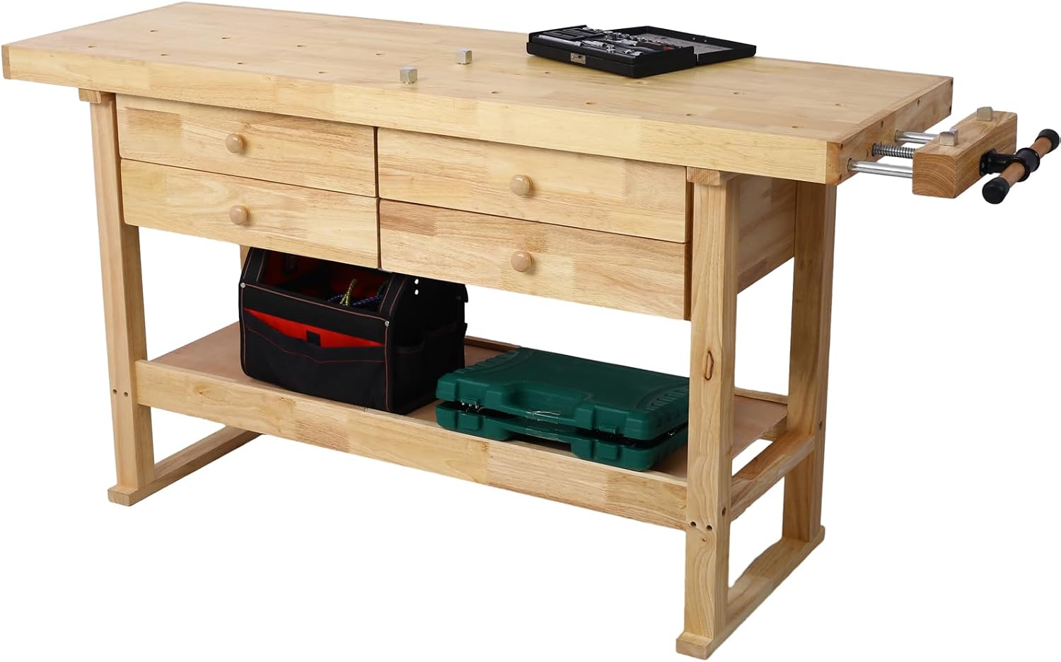 60in Workbench with 4 Drawers Wooden Workbench for Garage Workshop and Home, with Bar Clamps (2, Set 24' x 4.8' Throat)