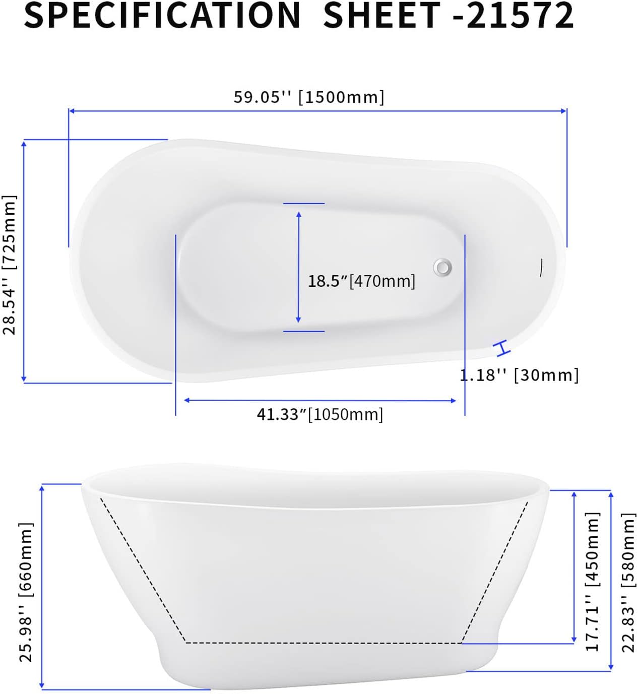 59' Acrylic Freestanding Bathtub, Elegant Skirted Free Standing Tub, Soaking Tub with Integrated Slotted Overflow, Toe-Tap Chrome Drain, cUPC Certified, Glossy White