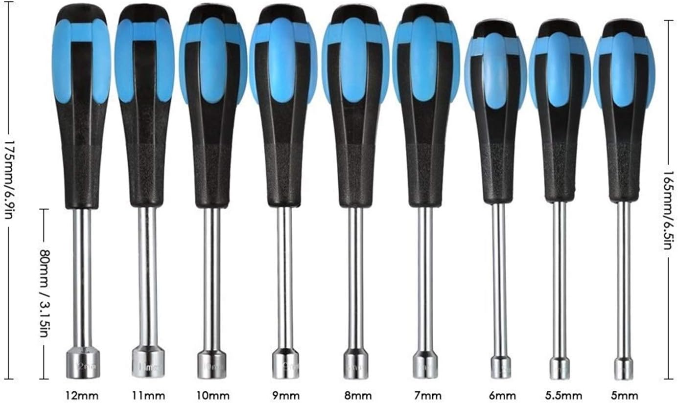 Stainless Steel Screwdriver, Magnetic Screwdriver,9pcs Screwdriver Set Hollow Shaft Nut Driver Set, Metric Sizes Hex Bit Sockets Professional Tool for 5mm/5.5mm/6mm/7mm/8mm/9mm/10mm/11mm/12mm