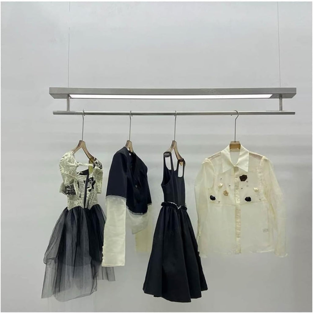 Clothes Rail Garment Rack Clothing Shop Clothes Display Rack, Adjustable Height Garment Rack Wire Hanging Racks with LED Lights Wall Mounted Hanging Clothes(Silver-1x2m