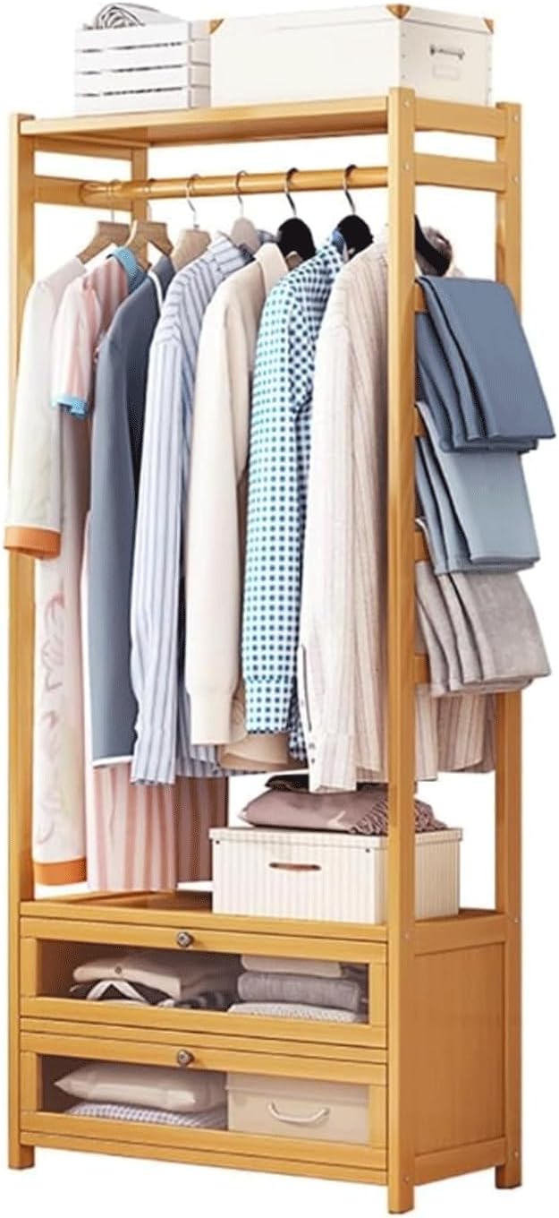 Bamboo Clothes Rack w/2 Storage Drawers Multifunctional Heavy Duty Clothing Rack Portable Garment Rack Organizer for Hanging Pants Jackets