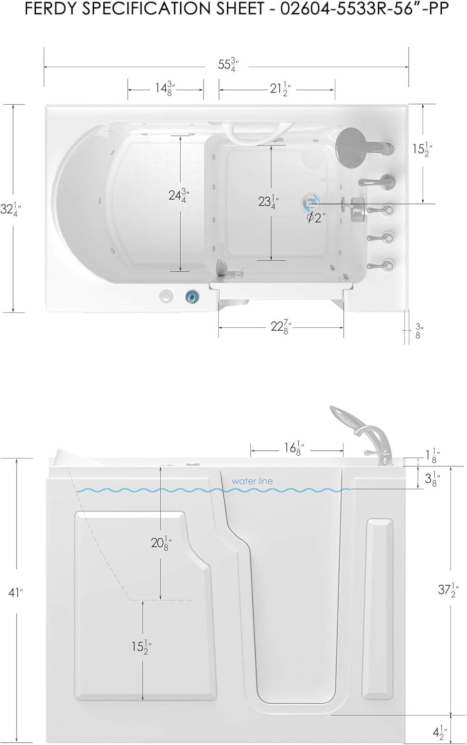 FerdY 55' x 33' Walk-in Whirlpool Bathtub with Right-Side Door Opening, 16 Air & Water Jets, Quick Fill and Drain System, Shower Combo with Rectangular Soaking Bathtub in White, Floridian