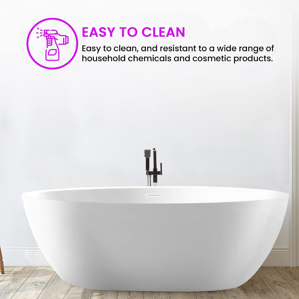 Vanity Art 59' X 32' Freestanding Bathtub | Home Improvement Bathtubs with Contemporary Design for Soaking and Bathing, Overflow and Pop-up Drain with UPC Certified, Acrylic, VA6834-PW-M