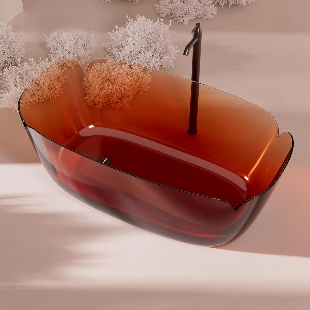 67' Edeyeu Freestanding Bathtub - Transparent Petal Shape Soaking Tub with Deep Immersion Comfort, Heat-Retaining Resin Construction, and One-Piece Artisanal Build Solid Surface Bathtub Style B
