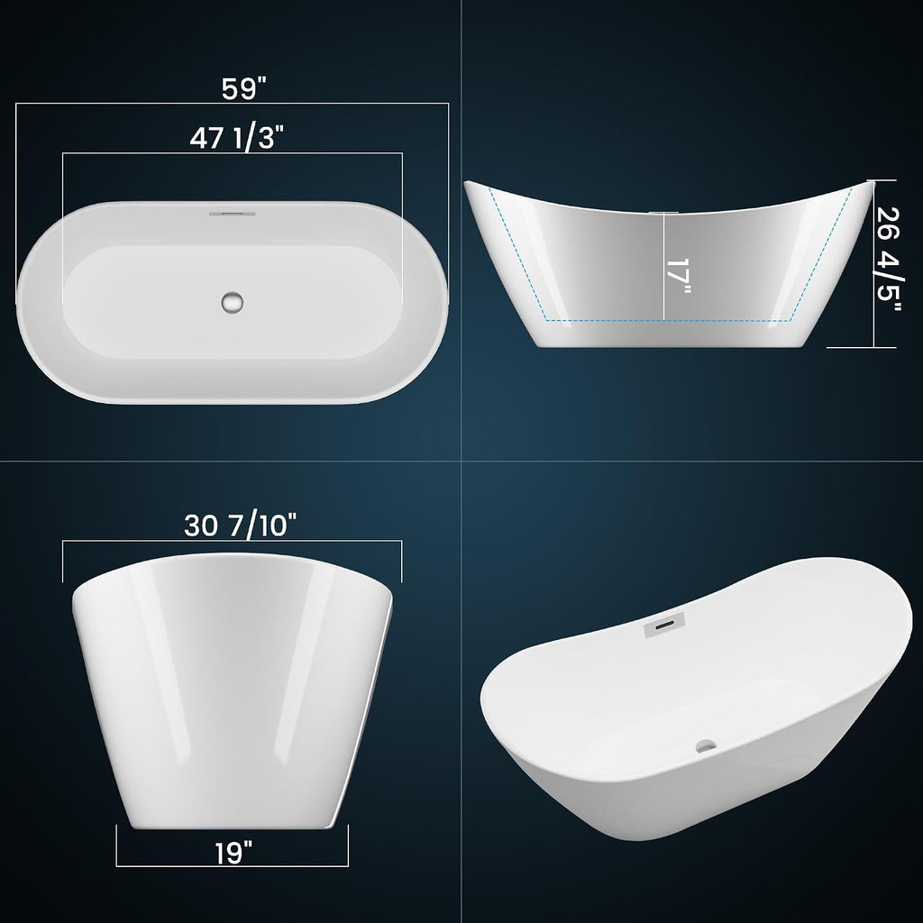 59' Freestanding Bathtub Acrylic Oval Soaking Tub, Chrome Drain and Overflow Cover, Contemporary Stand Alone Bath for Family or Guest Use (Glossy White)