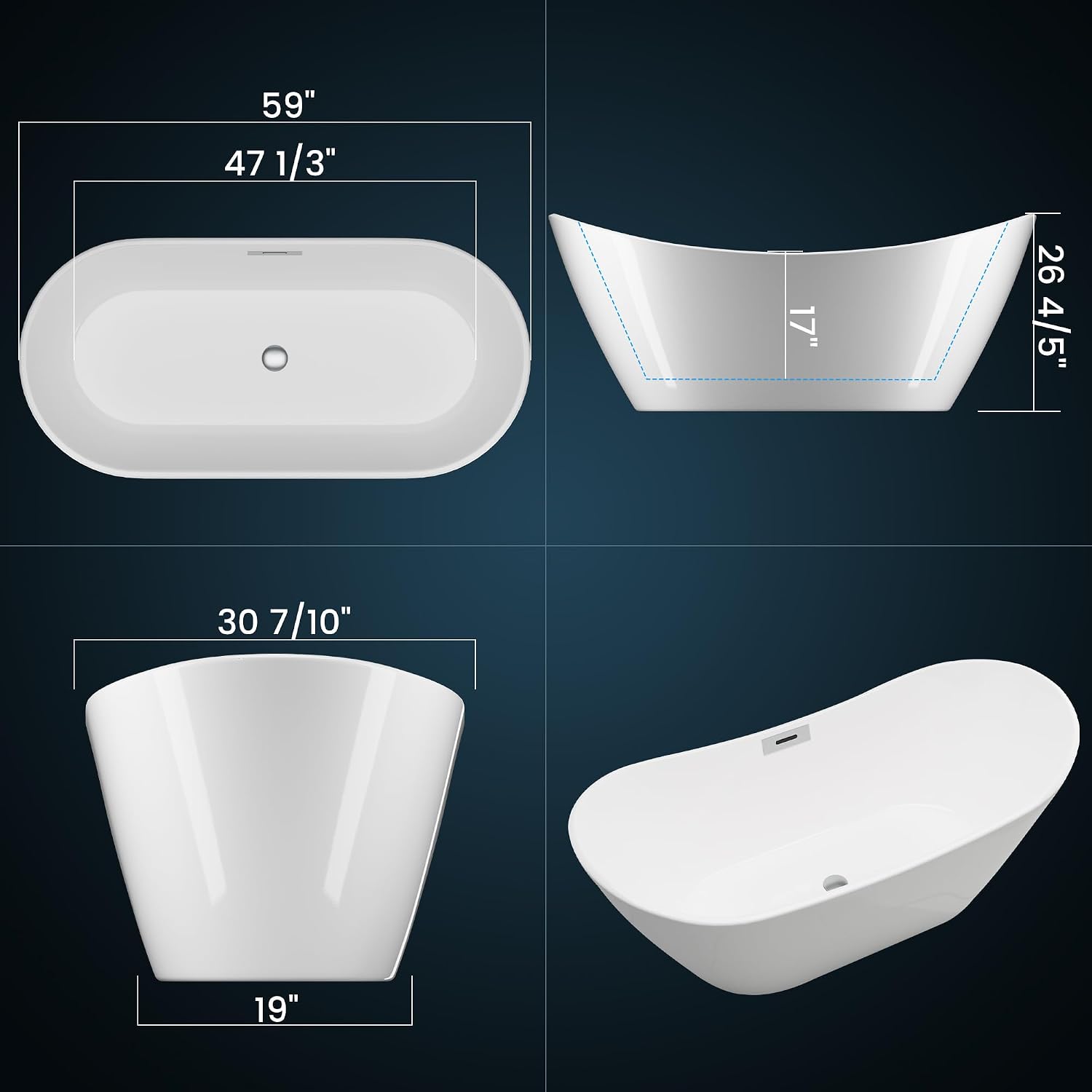 59' Freestanding Bathtub Acrylic Oval Soaking Tub, Chrome Drain and Overflow Cover, Contemporary Stand Alone Bath for Family or Guest Use (Glossy White)