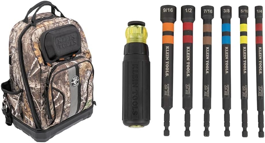 Klein Tools Tradesman Pro XL 40-Pocket Camo Tool Backpack and 6-Piece Ratcheting Impact Rated Hollow Magnetic Nut Driver Set