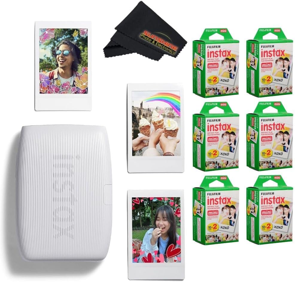 Fujifilm INSTAX Mini Link 3 Smartphone Printer with INSTAX Mini Instant Film and Sunshine Microfiber Cleaning Cloth... (6 Twin Pack (120 Sheets), Clay White)