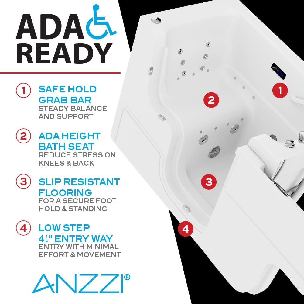 ANZZI Walk In Tub for Seniors 29 x 52 In Right Drain Wheelchair Accessible Bathtub Dual Therapy 12 Whirlpool Jets 18 Air Jets Inline Heater Quick Fill ADA Seat Acrylic White | 2953WCRWD