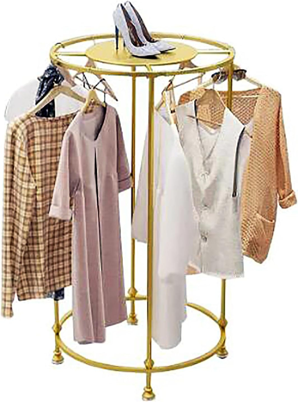 Freestanding Round Garment Rack,Retail Clothing Rack for Clothes Storage, Heavy-Duty Metal Cloth Display Rack Hanger with Topper(27.5' W x 51.5' H, Gold)