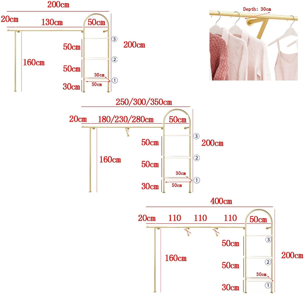 Wall Mounted Garment Rack,Clothing Store,Commercial Garment Rack,Heavy Duty Hanger for Hanging Clothes,Multifunctional Bedroom Organizer,Storage Rack (A-L200CM