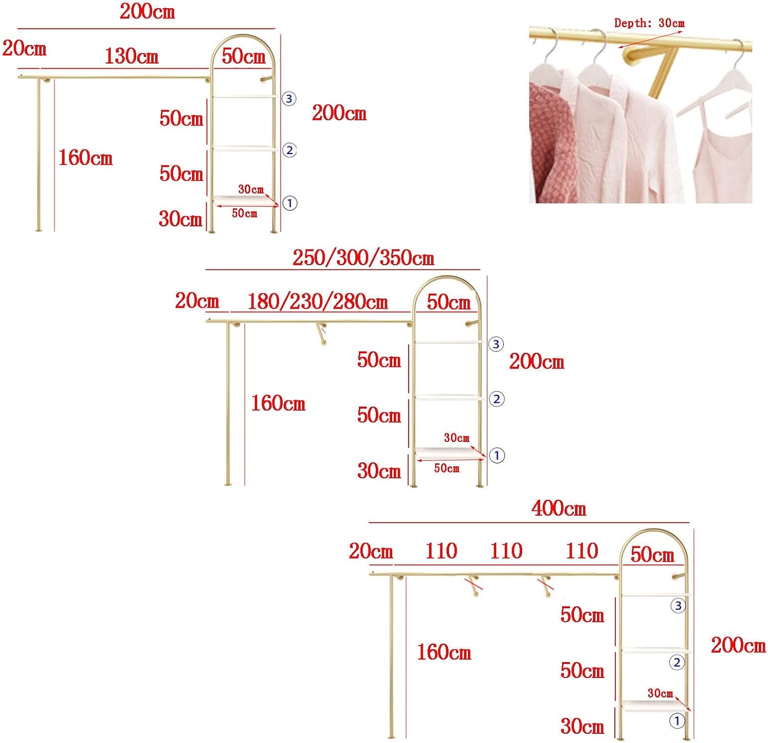Wall Mounted Garment Rack,Clothing Store,Commercial Garment Rack,Heavy Duty Hanger for Hanging Clothes,Multifunctional Bedroom Organizer,Storage Rack (A-L200CM