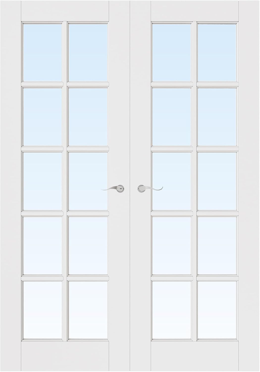 French Door 56' x 80' (Double 28' x 80') 10-Lite Clear Glass Door Slabs with Pre-Hung Jamb, Silver Hinges, Levers and Latch, White Primed, French Interior Doors with Frame, Swing Double Bedroom Doors