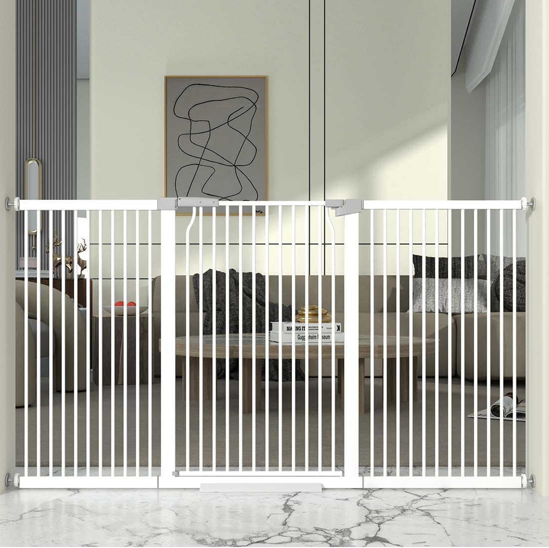 41' Extra Tall and Wide Baby Gate, 72.3-74' Wide Pet Cat Gate for Doorway, Extra Wide Pressure Mounted Child Door with Expansion Kit, Metal Safe Gate, Tall Dog Gate, White