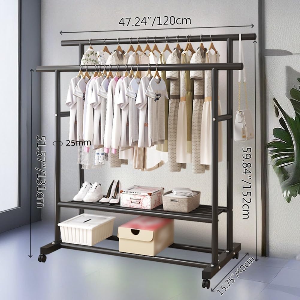 Double Rods Multi-Functional Bedroom Clothing Rack with 2-Tier Storage Shelf, Heavy Duty Metal Garment Rack for Hanging Clothes, Coats, Skirts, Shirts