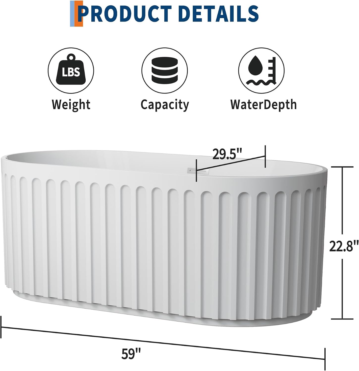 Freestanding Bathtub with Striped Design,59' Acrylic Bathroom Soaking Tub Includes Overflow Cover Pop-Up Drain Hidden Drainage System, CUPC Certified, Glossy White Finish
