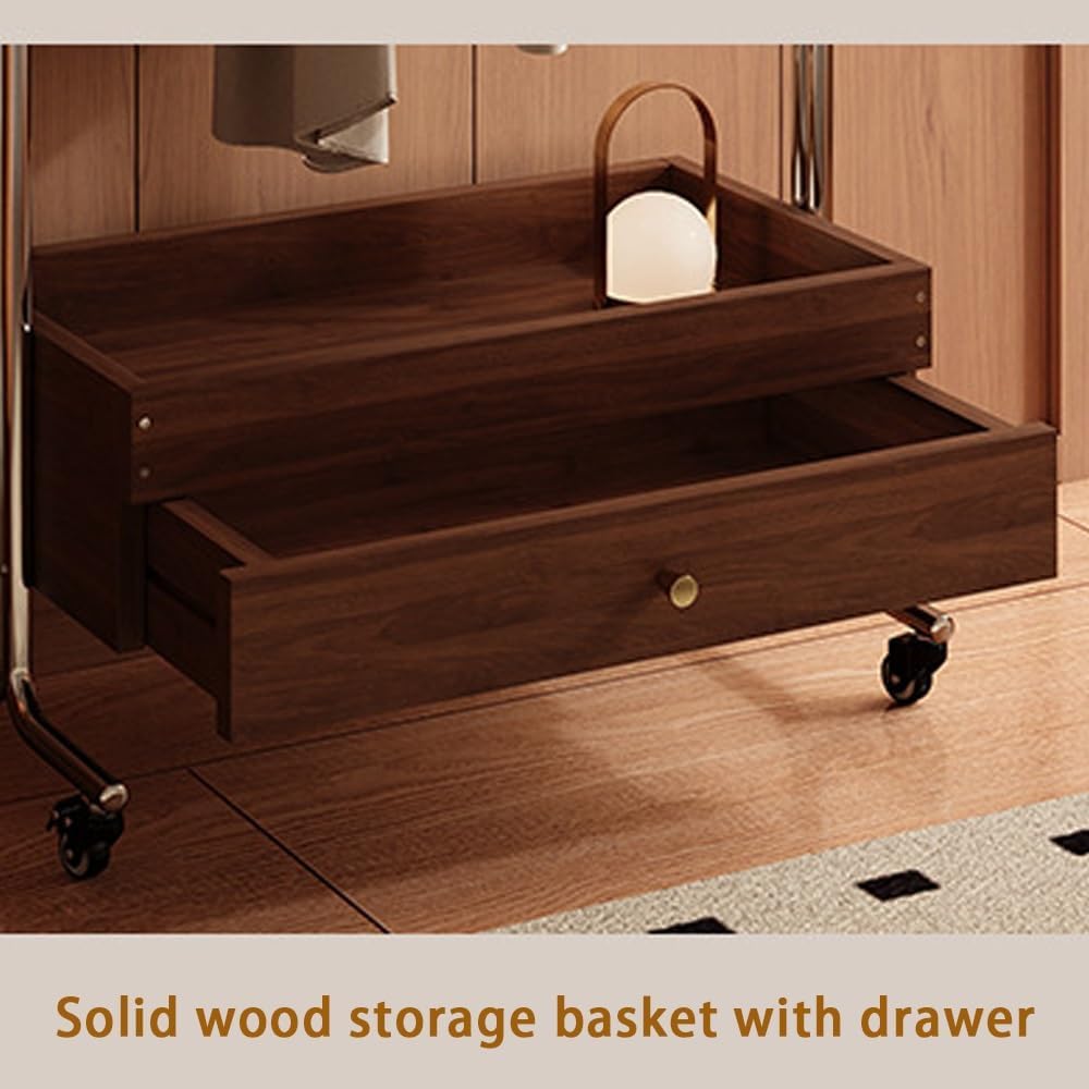 Metal Frame Coat Rack Freestanding, Mobile Clothing Racks with Wheels, Retro Coat Stand with Solid Wood Drawer, Multifunctional Clothes Rack for Bedroom, Cloakroom(61cm-24in)