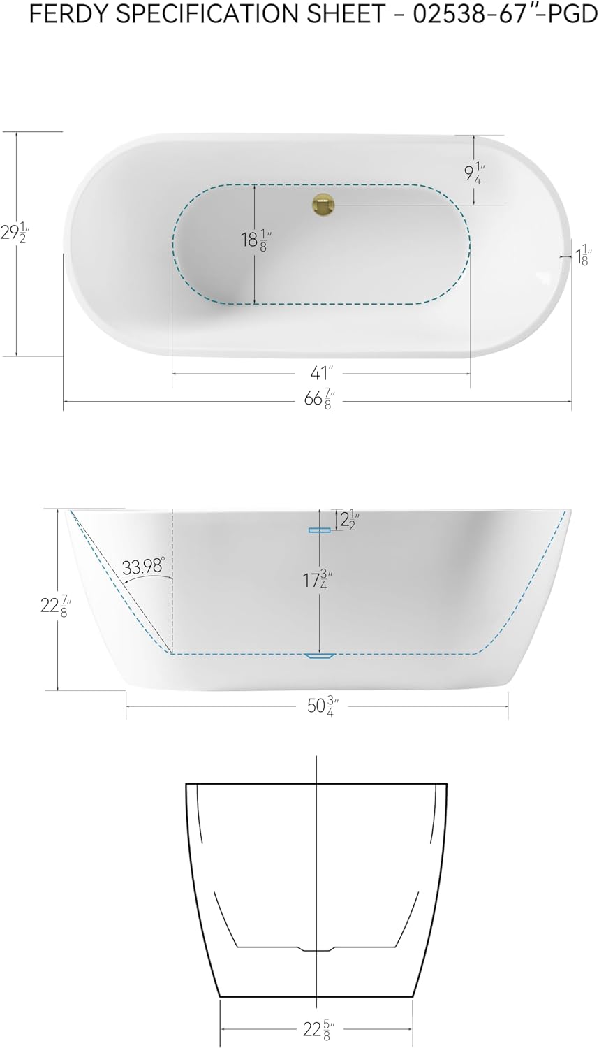 FerdY 67' Acrylic Freestanding Bathtub, Contemporary Soaking tub with Polished Gold Drain & Overflow, Elegant Oval Shape, cUPC Certified, Bali