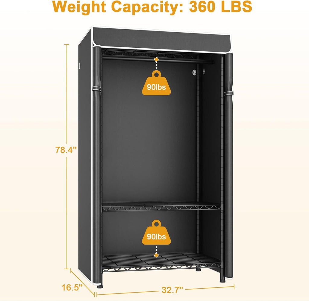 ULIFHOME P6C Plus & H5C Clothes Rack with Cover, Covered Clothing Rack Heavy Duty, Portable Closet for Hanging Clothes, Black Closet Rack with Black Cover, P6C Plus with Wheels, H5c without Wheels
