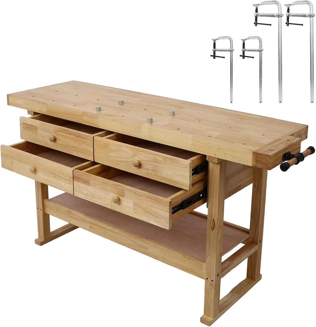 60in Workbench with 4 Drawers Wooden Workbench for Garage Workshop and Home, with Bar Clamps (4, 2 pcs 12' x 3' & 2 pcs 20' x 4.8')
