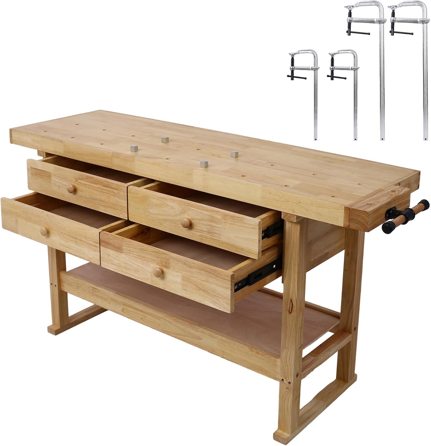 60in Workbench with 4 Drawers Wooden Workbench for Garage Workshop and Home, with Bar Clamps (4, 2 pcs 12' x 3' & 2 pcs 20' x 4.8')