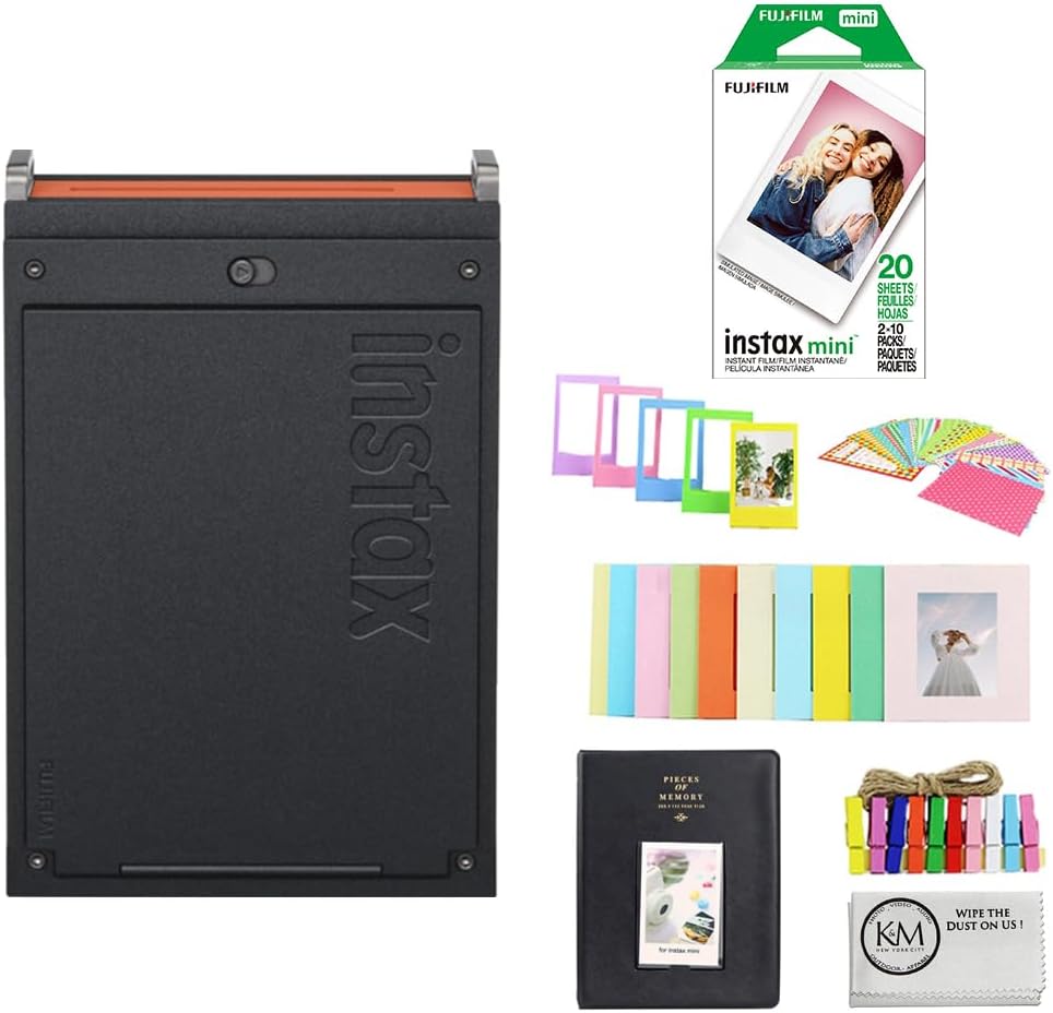 Fujifilm instax mini Link+ Smartphone Printer Bundle with 20 Exposures Instant Mini Film + Mini Album, Borders, Stickers & Clips + Cleaning Cloth (4 Items)