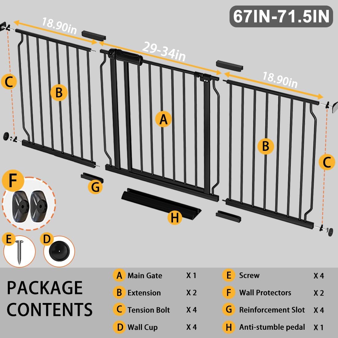 Fairy Baby Extra Wide Baby Gate Black 67-71.5 Inch Wide, Walk Through Pressure Mounted No Drill for Doorways, Long and Large Tension Gate for Pet and Kids