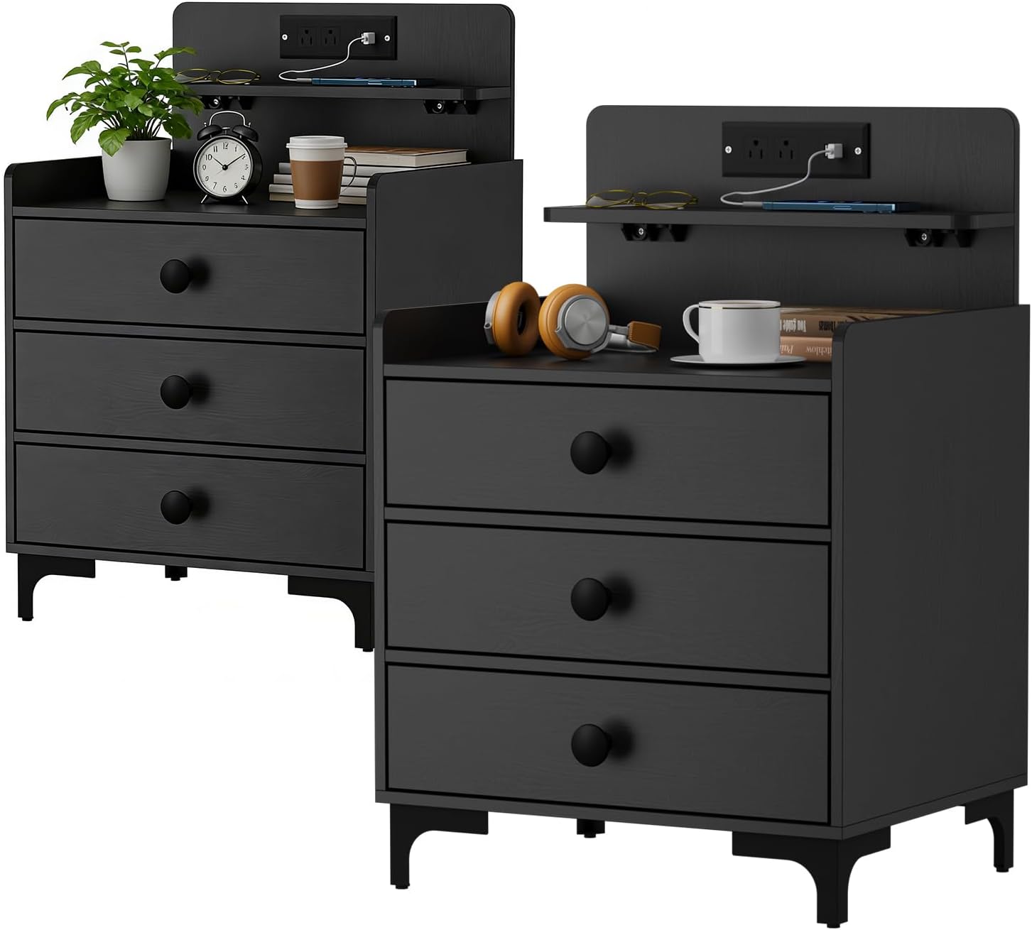 Rreyet 29' Nightstand Set of 2, 3 Drawers, Black | Charging Station, Button Handle, Smooth Sliding, Enhanced Storage, For Bedroom, Sofa Side