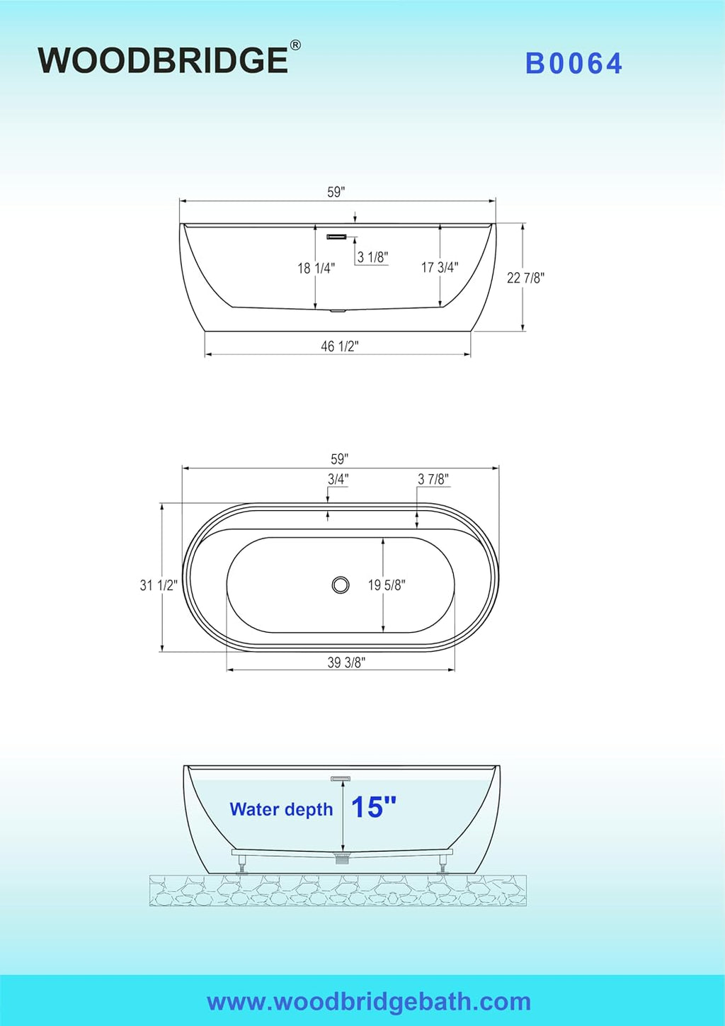 WOODBRIDGE 59' Acrylic Freestanding Bathtub Contemporary Soaking White Tub with Brushed Nickel Overflow and Drain,B0064-B/N