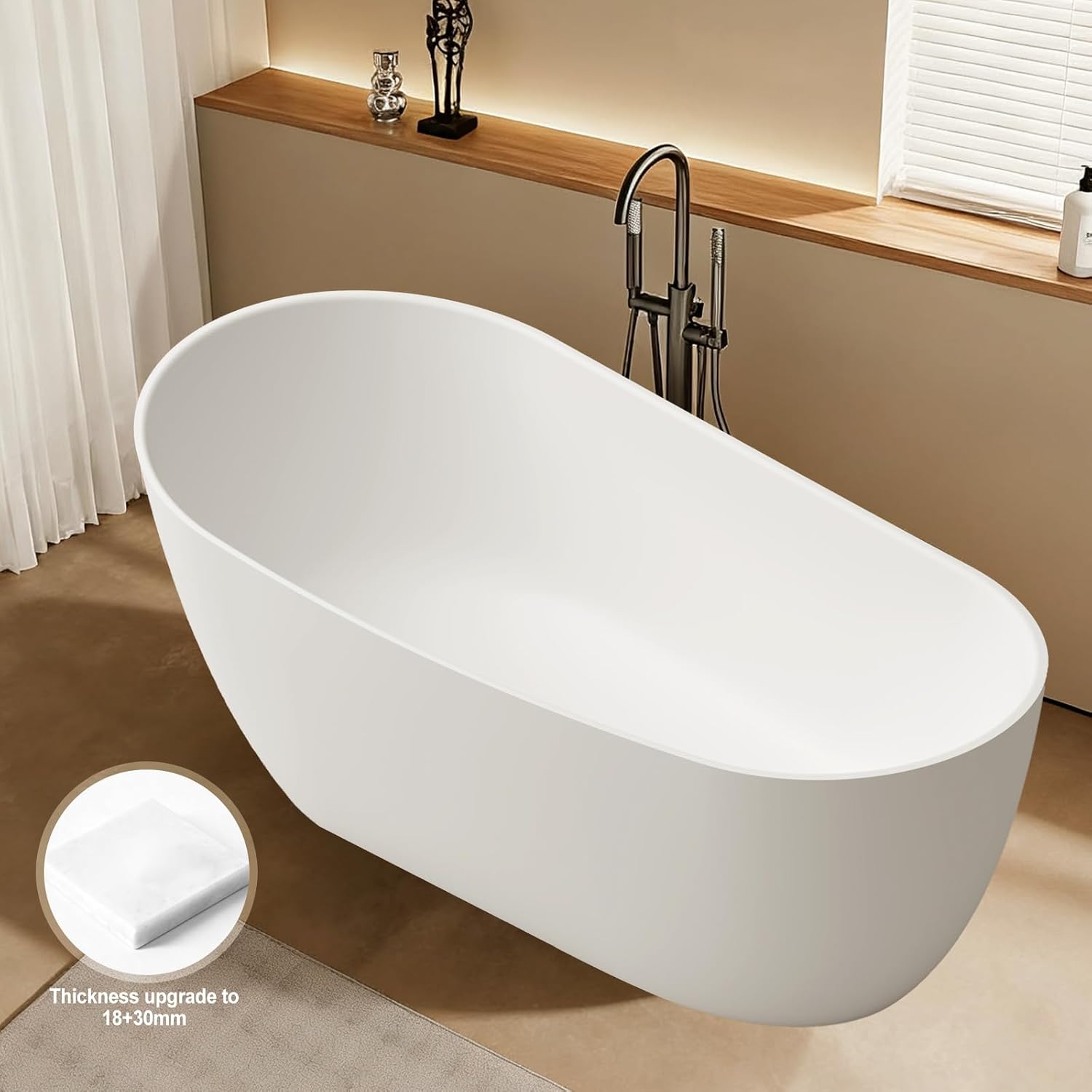 Stone Resin Freestanding Bathtubs,67'Solid Surface Matte White Upgrade One-Piece Molding 18mm Thickened & 30mm Reinforced Overflow edges Luxury Stand Alone Soaking Tub with Drain & Overflow