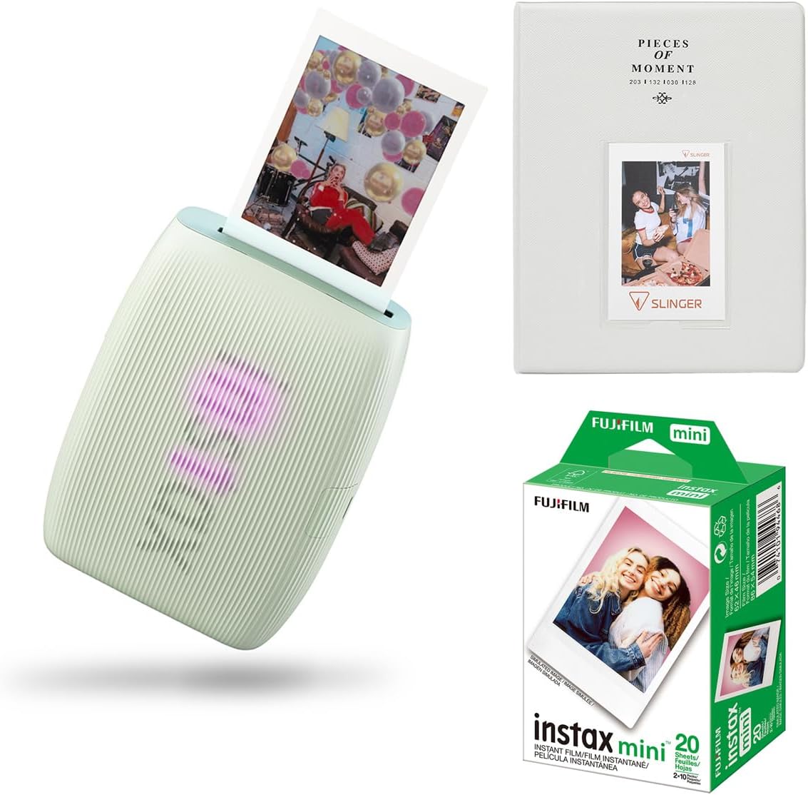 Fujifilm Instax Mini Link 3 Wireless Smartphone Printer, Green, Bundle with 20 Exposures Instant Daylight Film and Photo Album