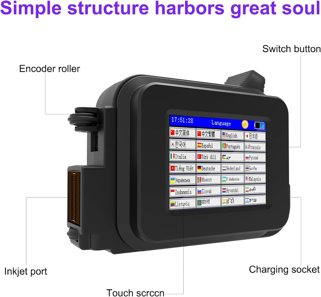 Upgraded Mini Inkjet Printer for All Materials, Fast-Drying SolventInk Cartridge & 28 Languages, Inkjet Coding Machine for Code Date Label Industry Design House Usage
