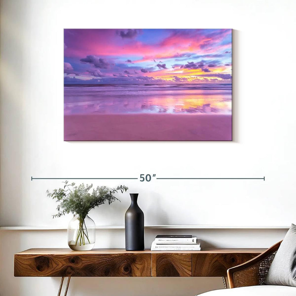 ElephantStock Cotton Candy Beach Sunrise Wall Art - Horizontal Wrapped Canvas - 1-Piece Living Room Wall Decor - Photography Beach Canvas Print - Purple and Pink Decor for Wall - 36' X 24'