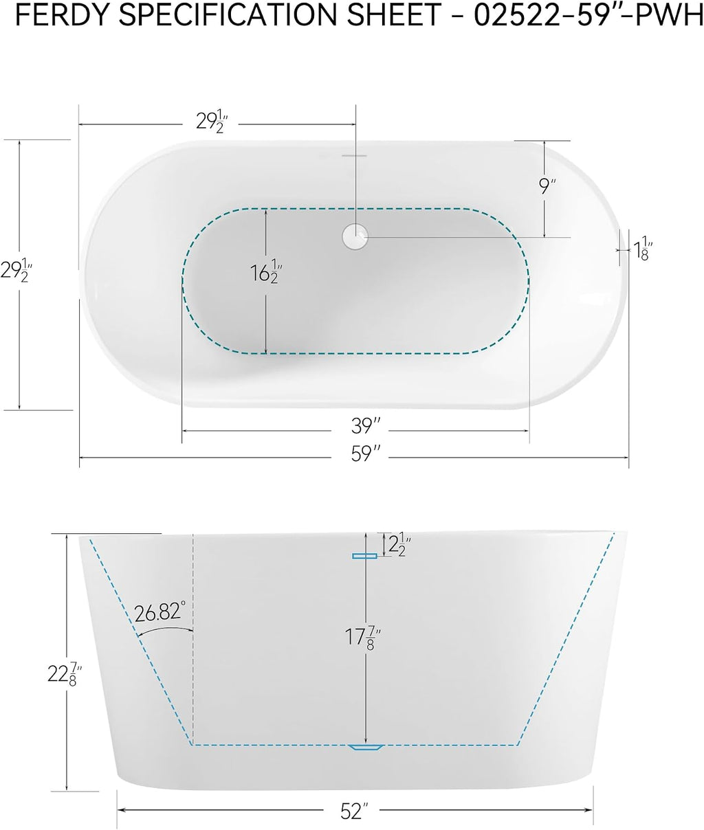 FerdY Shangri-La 59' Acrylic Freestanding Bathtub, Gracefully Shaped Soaking Bathtub, Glossy White, cUPC Certified, Polishe White Drain & Minimalist Linear Design Overflow Included, 02522